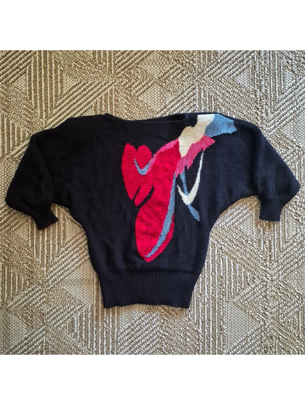 Vintage 80s Julie Miller Abstract Art Knit Batwing Sweater Angora S